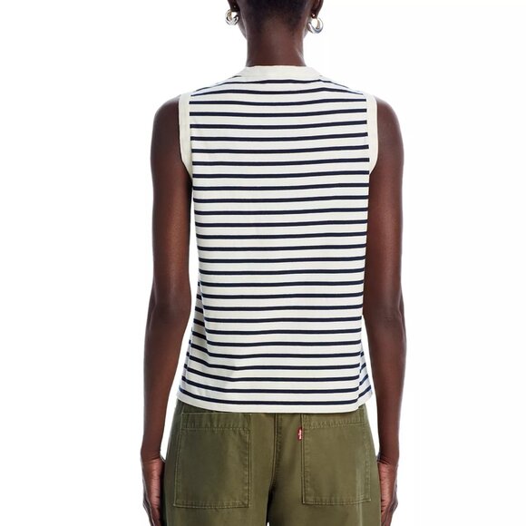 88$ Kule Striped Contrast Trim Crew Neck Tank Top Sleeveless Size XS Ivory Navy - Picture 2 of 4